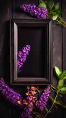 Empty frame with violet flowers on a dark background, top view.