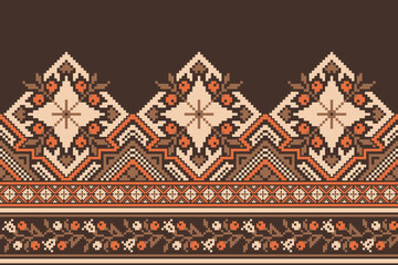 flower embroidery on brown background. ikat and cross stitch geometric seamless pattern ethnic oriental traditional. Aztec style illustration design for carpet, wallpaper, clothing, wrapping, batik.	