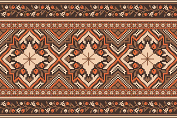 flower embroidery on brown background. ikat and cross stitch geometric seamless pattern ethnic oriental traditional. Aztec style illustration design for carpet, wallpaper, clothing, wrapping, batik.	 - obrazy, fototapety, plakaty