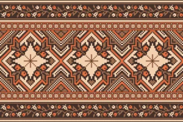 Fotobehang flower embroidery on brown background. ikat and cross stitch geometric seamless pattern ethnic oriental traditional. Aztec style illustration design for carpet, wallpaper, clothing, wrapping, batik.  © Nattasid