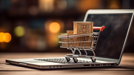 Online shopping concept with miniature shopping cart standing in front of laptop, Generative AI
