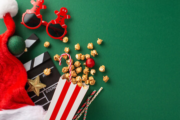Christmas-themed premiere featuring thematic elements. Top-view of movie clapper, gingerbread...
