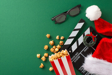 New Year's movie magic: A top-view shot of a clapperboard, 3D glasses, popcorn, Santa's hat, tiny...