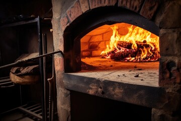 an old-fashioned wood-fired oven with vivid flames