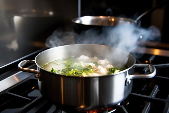 a pot of steaming soup on a stovetop