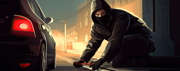 Masked car thief before burglary. Criminal car theft vehicle concept. - obrazy, fototapety, plakaty