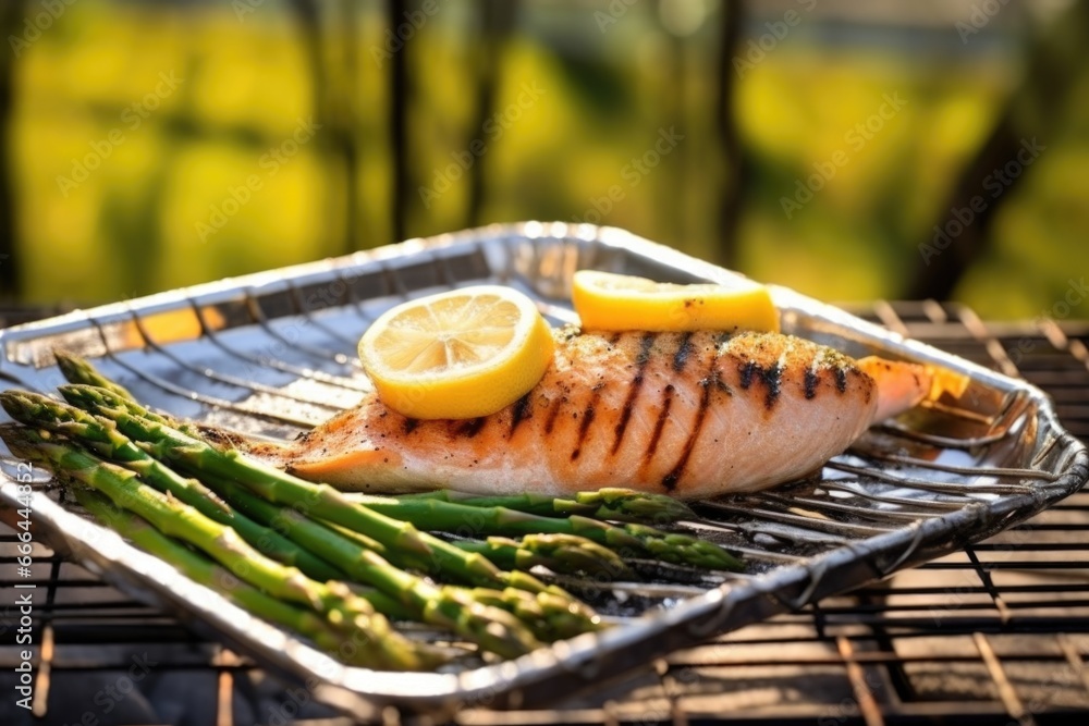 Sticker grilled fish and asparagus in a wire basket under natural light