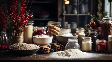 A dining table covered in holiday baking ingredients
