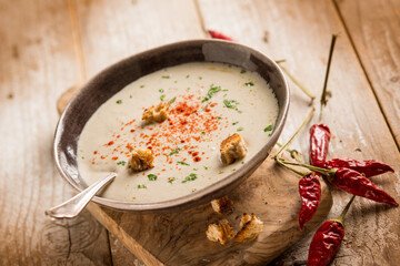 potato soup with paprika and slice toasted bread