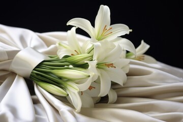 a tightly bound bouquet of white lilies
