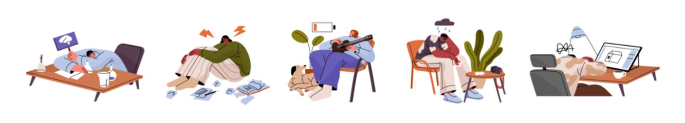 Creativity burnout, crisis set. Sad creative people with no inspiration, problems with imagination at work. Writer, musician in depression, frustration. Flat isolated vector illustration on white