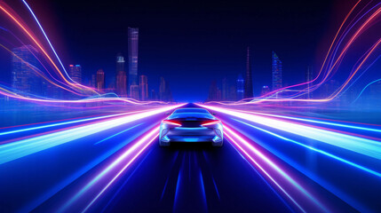 Fototapeta premium A high-speed sports car driving at night, futuristic technology speed line concept illustration