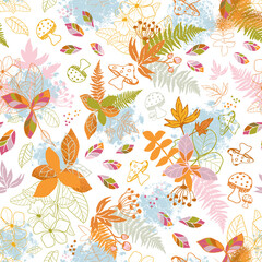 Autumnal Forest Fungi and Leaves Hand Drawn Seamless Pattern Swatch. Fine Background All Over Wallpaper Design.