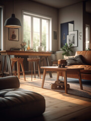 3d rendering of a living room with leather furniture.