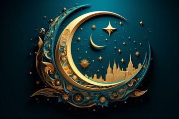 Obraz na płótnie Canvas Contemporary Islamic celebration theme. Lavish Arabic Ramadan design featuring crescent moon. Artwork. Generative AI