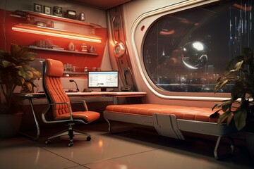 A modern small bedroom office with a retrofuturism style. Generative AI
