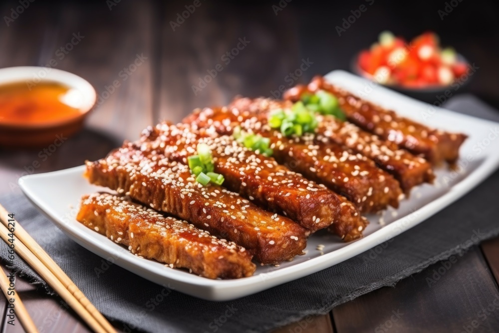 Poster cooked bbq tempeh ribs topped with sesame seeds