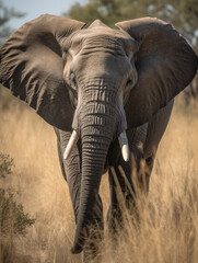 Large elephant walking through a field of dry grass.