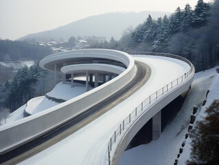 A vintage-style bobsled track gracefully descends a scenic hill with trees lining the path. - obrazy, fototapety, plakaty