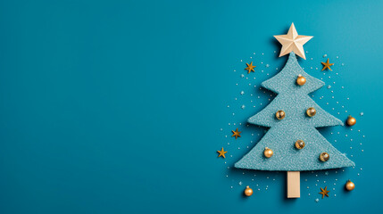 Creative Christmas tree made from a gift box and holiday decorations on a blue background, top view. New Year card. Generative AI,