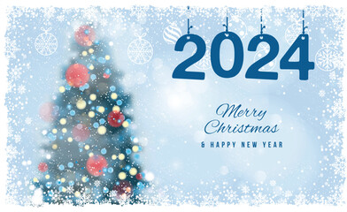 Gift card. Christmas Tree unfocused, blurred colored lights on the blue background with snowflakes, with a Merry Christmas Message.  Postcard. 2024