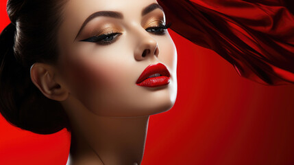 Woman with Striking Makeup, Featuring Red Lips, Posing Gracefully Against a Vibrant Red Background