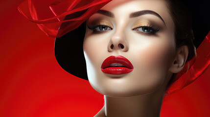 Woman with Striking Makeup, Featuring Red Lips, Posing Gracefully Against a Vibrant Red Background