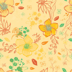 Floral Seamless Tile Pattern Swatch, Spring or Autumnal Meadow with Hnad Drawn Yellow and Orange Flowers.