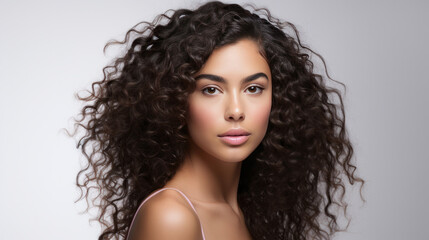 Portrait of young woman with dark natural curly hair. Hair care, make-up and hair health
