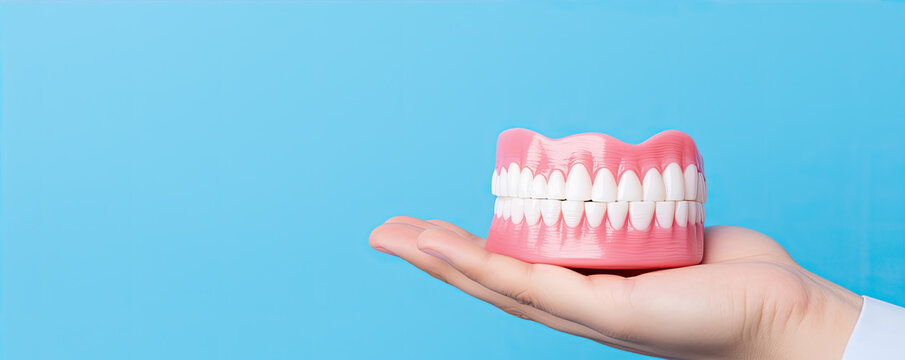 Woman Hand Holding tooth or detal model on blue background.