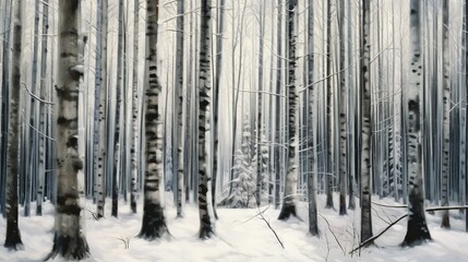 A white winter forest with minimal tree trunks. AI generated