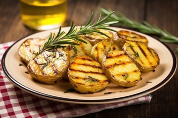 grilled potatoes with a twig of rosemary on a ceramic serving plate
