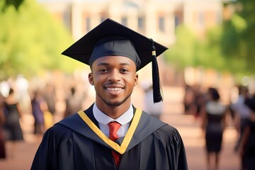 A young african female graduate against the background of university graduates - obrazy, fototapety, plakaty