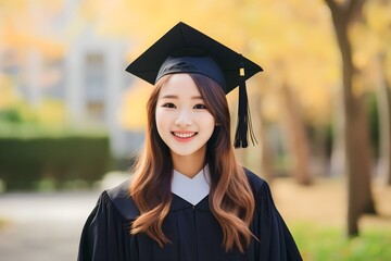 A young asian female graduate against the background of university graduates