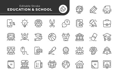 Education, school, university studies, knowledge, student and teacher. Line icon set. Web icons in linear style for mobile application and web site. Outline pictogram.