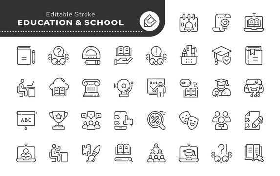 Education, school, university studies, knowledge, student and teacher. Line icon set. Web icons in linear style for mobile application and web site. Outline pictogram.