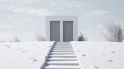 Snowy footprints leading to a minimalist winter door. AI generated