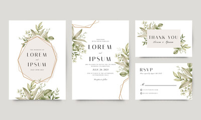 Elegant wedding invitation set template with watercolor leaves