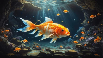 Fotobehang "Golden Elegance: A Highly Detailed Digital Painting of a Glorious Fish in an Underwater Oasis" © MdRifat