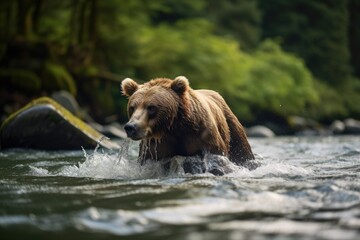 a bear fishing independently in a river
