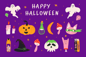 Bundle with Halloween cartoon elements. Set with a witchs potion, ghost and other decor for the holiday. Vector illustration for stickers, banner, childish.