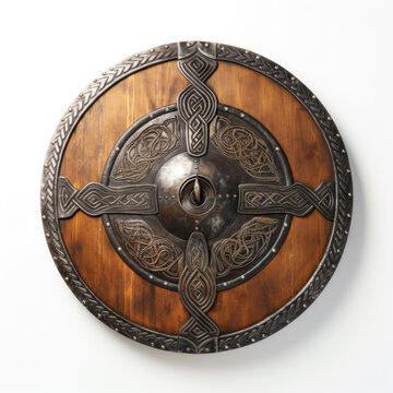 Finely Crafted Viking Shield On White Background Created Using Artificial Intelligence