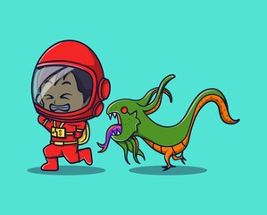 vector illustration of an astronaut being chased by an alien. science technology icon concept