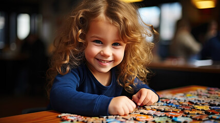 little child playing with a puzzle - obrazy, fototapety, plakaty
