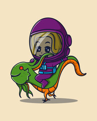 vector illustration of an astronaut riding an alien. science technology icon concept
