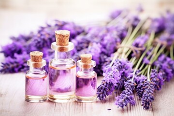 lavender flowers near empty perfume bottles