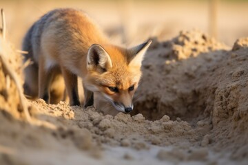 foxes digging holes in a sand field