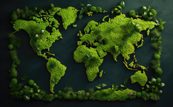 World map made form leaves and grass,World map mixed with green grass as the map background.