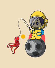vector illustration of astronaut fishing octopus alien. science technology icon concept