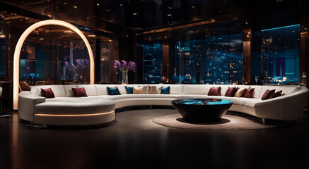 Interior of a modern lounge with white sofa in a high rise skyscraper expensive party club - obrazy, fototapety, plakaty